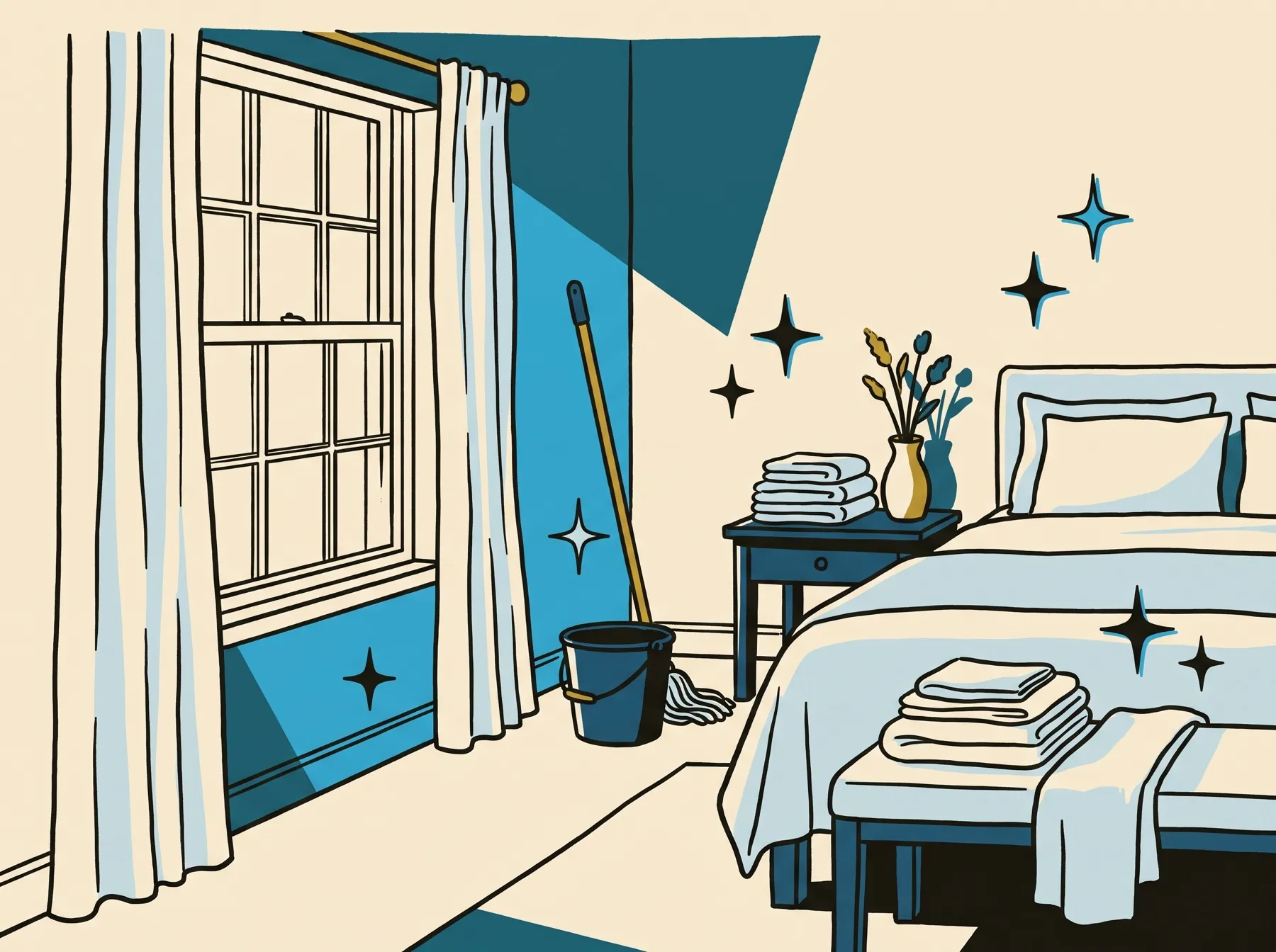Illustration of a bright bedroom with a mop standing in a bucket, a made bed, folded linen and a sash window.